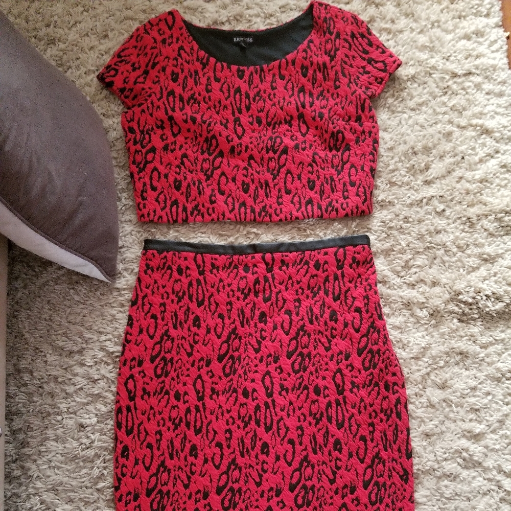 EXPRESS red leopard crop top and high waist skirt